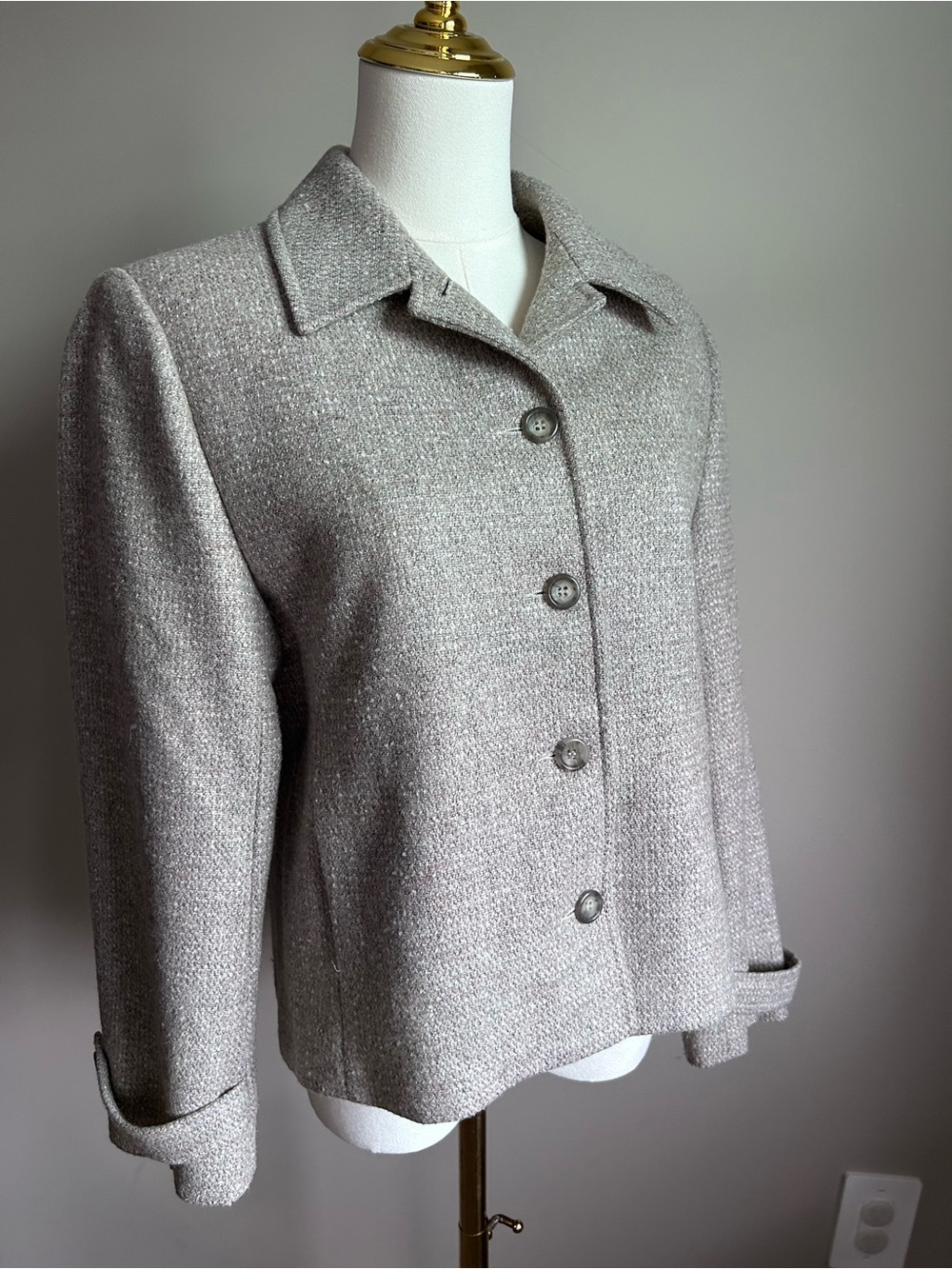 Wool blend Classic Women's Textured twill beige Button-Up Jacket neutral natural